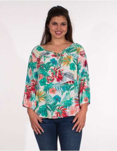 3/4 sleeves vegetal print viscose blouse