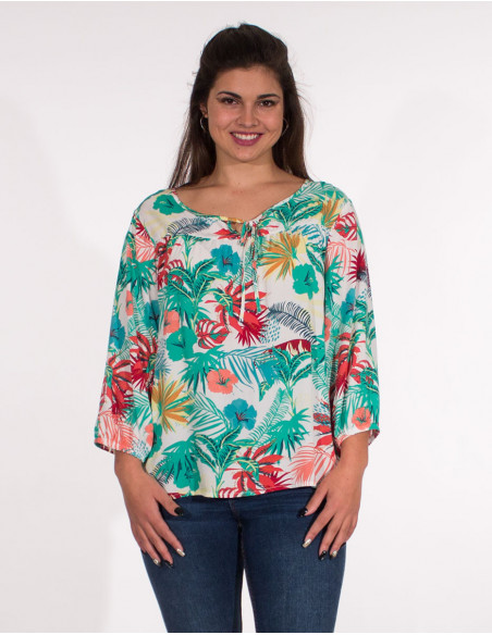 3/4 sleeves vegetal print viscose blouse