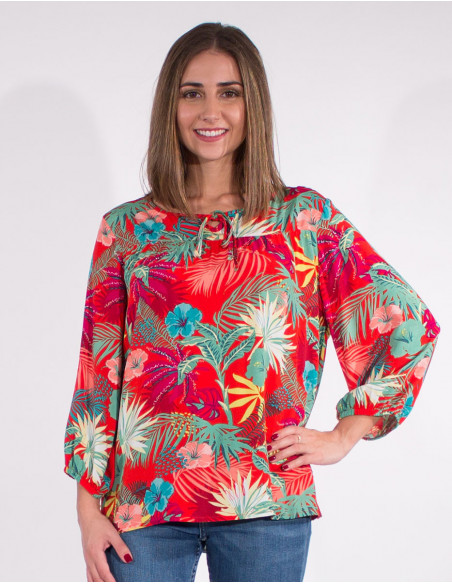 3/4 sleeves vegetal print viscose blouse