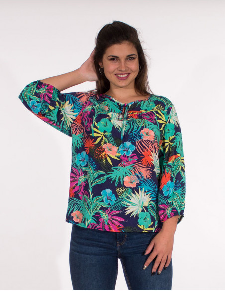 3/4 sleeves vegetal print viscose blouse