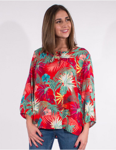 3/4 sleeves vegetal print viscose blouse