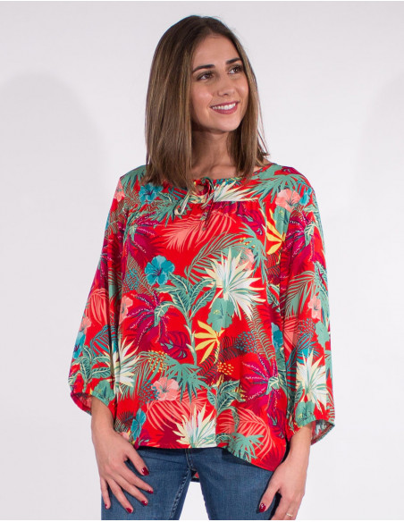 3/4 sleeves vegetal print viscose blouse