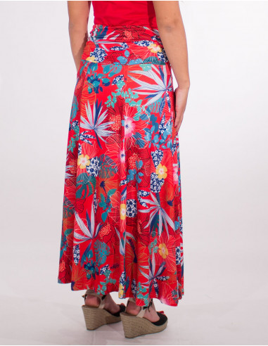 Long knitted skirt 95% polyester 5% elastane printed hibiscus