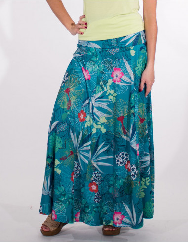 Long knitted skirt 95% polyester 5% elastane printed hibiscus
