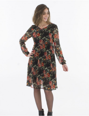 Short polyester dress with lining and "renaissance" print