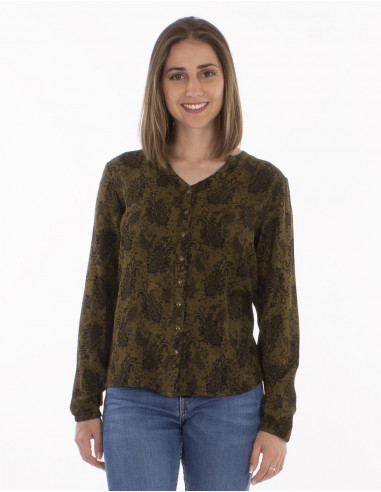 Rayon crepe blouse with buttons and "forest" print
