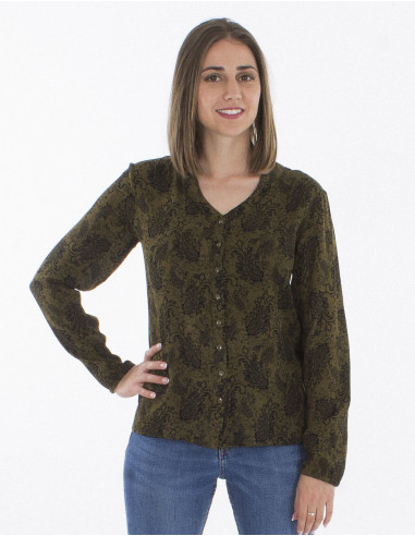 Rayon crepe blouse with buttons and "forest" print