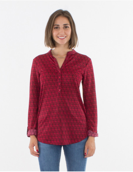 Knitted 95% polyester 5% elastane blouse with buttons and "bambou" print