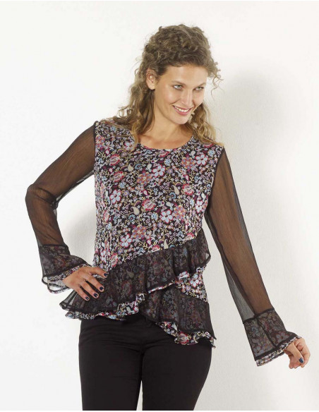 Polyester mousseline blouse with printemps print