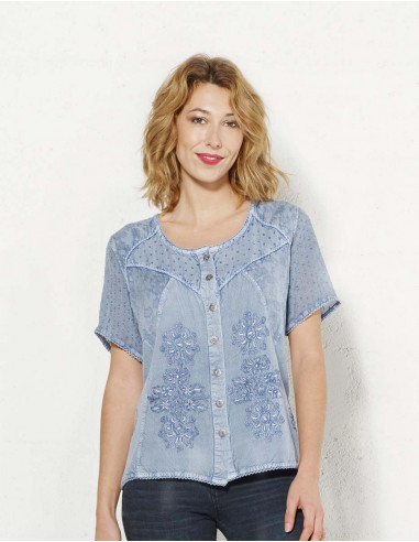 Embroidered sw viscose blouse with short sleeves