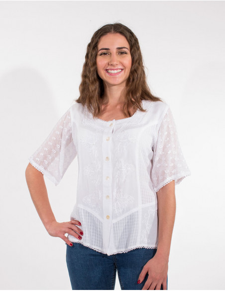 Embroidered sw viscose blouse with short sleeves