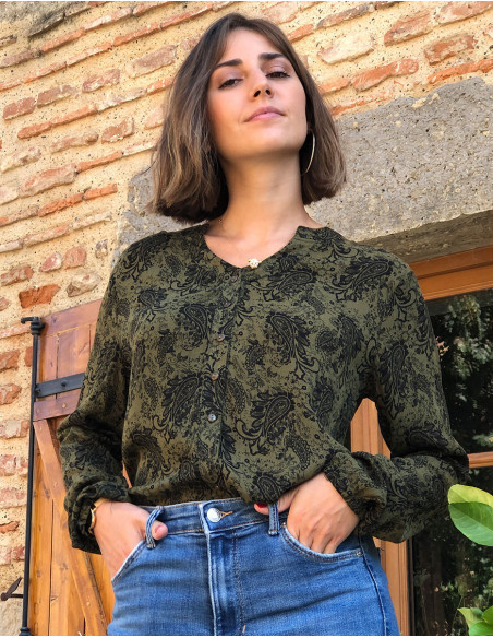 Rayon crepe blouse with buttons and "forest" print