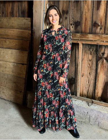 Long polyester dress with lining and "renaissance" print