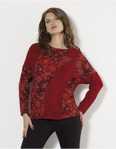 Knitted 74% rayon 21% polyester 5% elastane light pullover with laure patchs print