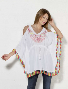 Poncho Viscose Pompons Couleurs 2