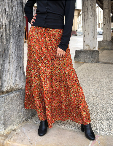 Long polyester skirt with "golden india" print