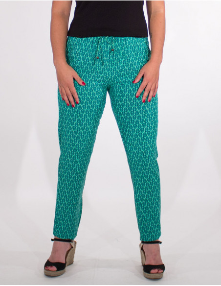 Peacock print viscose trousers