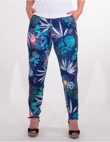 Hibiscus print 95% polyester 5% elastane knitted trousers
