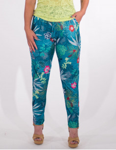 Hibiscus print 95% polyester 5% elastane knitted trousers 2