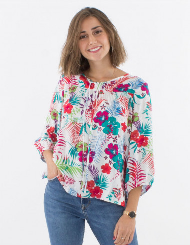 3/4 sleeves viscose blouse with tropical print