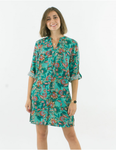 3/4 sleeves viscose buttoned dress and seychelles print