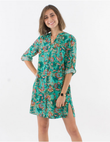 3/4 sleeves viscose buttoned dress and seychelles print