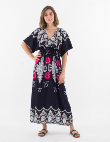 Long viscose printed dress with short sleeves