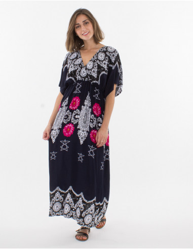 Long viscose printed dress with short sleeves