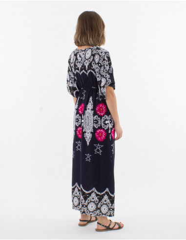 Long viscose printed dress with short sleeves