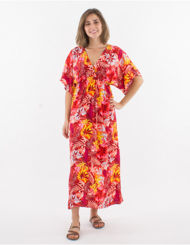 Long viscose dress with short sleeves and guyane print