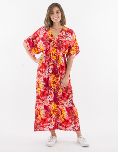 Long viscose dress with short sleeves and guyane print