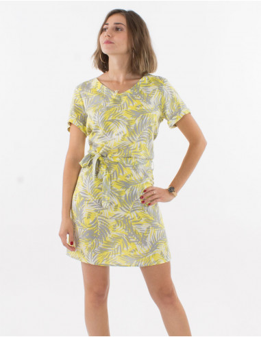 Short sleeves viscose dress and leaf print