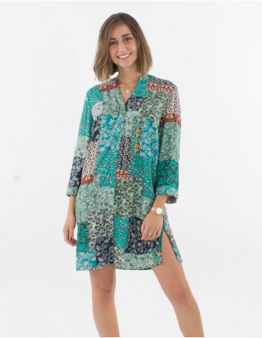 3/4 sleeves buttoned viscose dress and jardin print