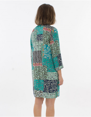 3/4 sleeves buttoned viscose dress and jardin print