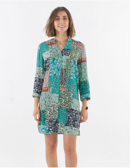 3/4 sleeves buttoned viscose dress and jardin print