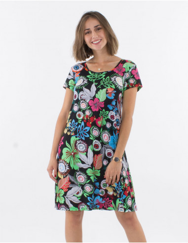 Knitted short sleeves 96% polyester 4% elasthane dress with caraibes print