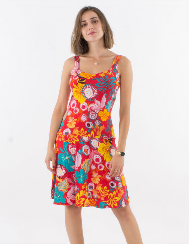 Knitted 96% polyester 4% elasthane straps dress with caraibes print