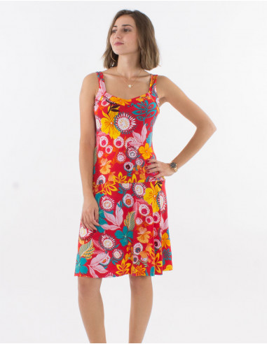 Knitted 96% polyester 4% elasthane straps dress with caraibes print