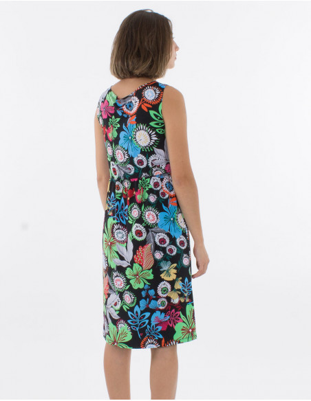 Knitted sleeveless 96% polyester 4% elasthane dress with caraibes print