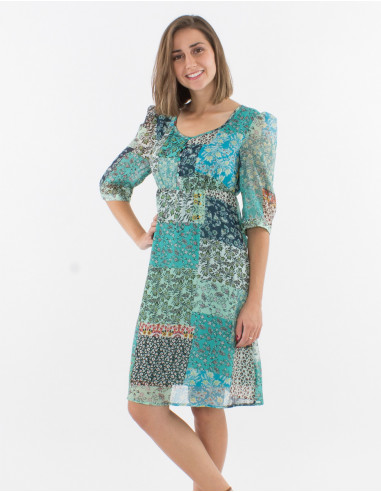 Short sleeves polyester mousseline dress with lining and jardin print