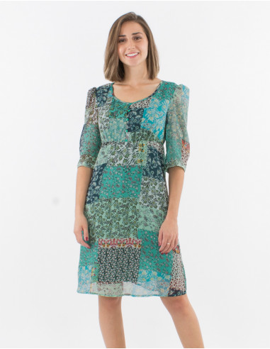 Short sleeves polyester mousseline dress with lining and jardin print