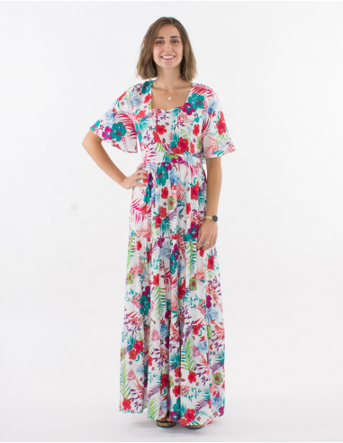 Long viscose dress with short sleeves and tropical print