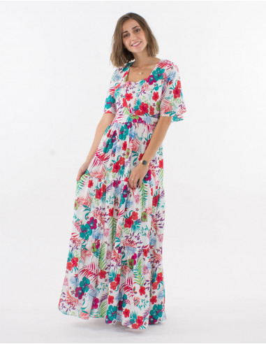 Long viscose dress with short sleeves and tropical print