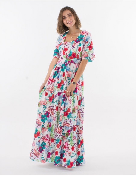 Long viscose dress with short sleeves and tropical print