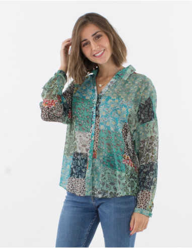 Long sleeves polyester mousseline blouse with jardin print
