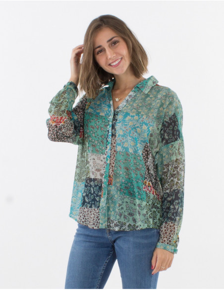 Long sleeves polyester mousseline blouse with jardin print