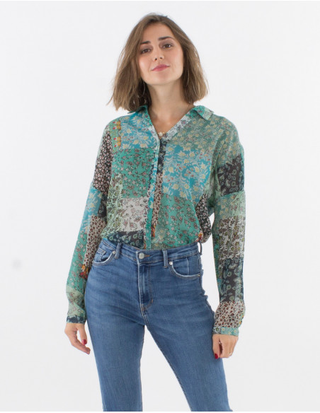 Long sleeves polyester mousseline blouse with jardin print