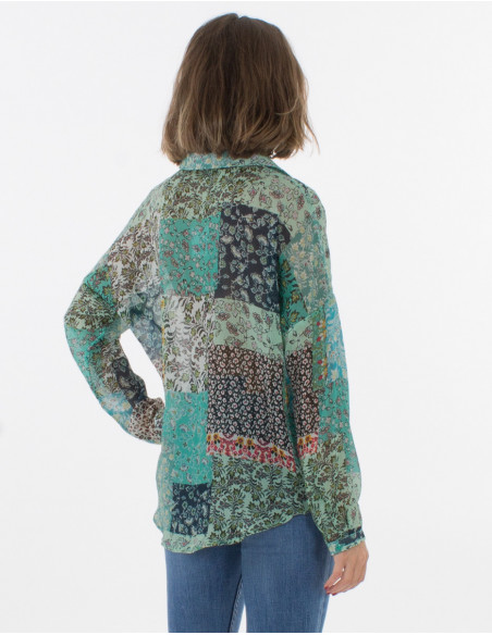 Long sleeves polyester mousseline blouse with jardin print