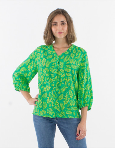 3/4 sleeves viscose blouse with buttons and banana print