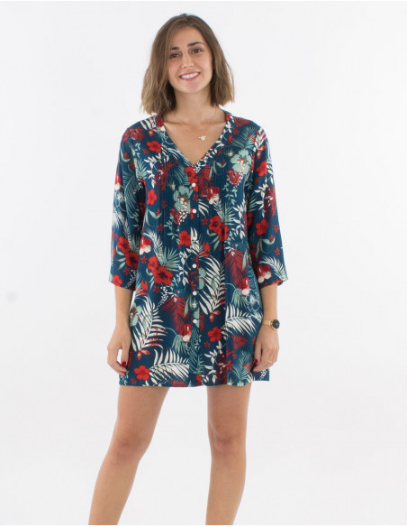 3/4 sleeves viscose tunic and tropical print